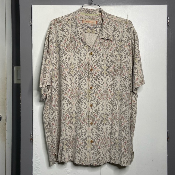 tommy bahama men 100% silk short sleeve button up shirt 2xl geometric gray - Picture 1 of 7